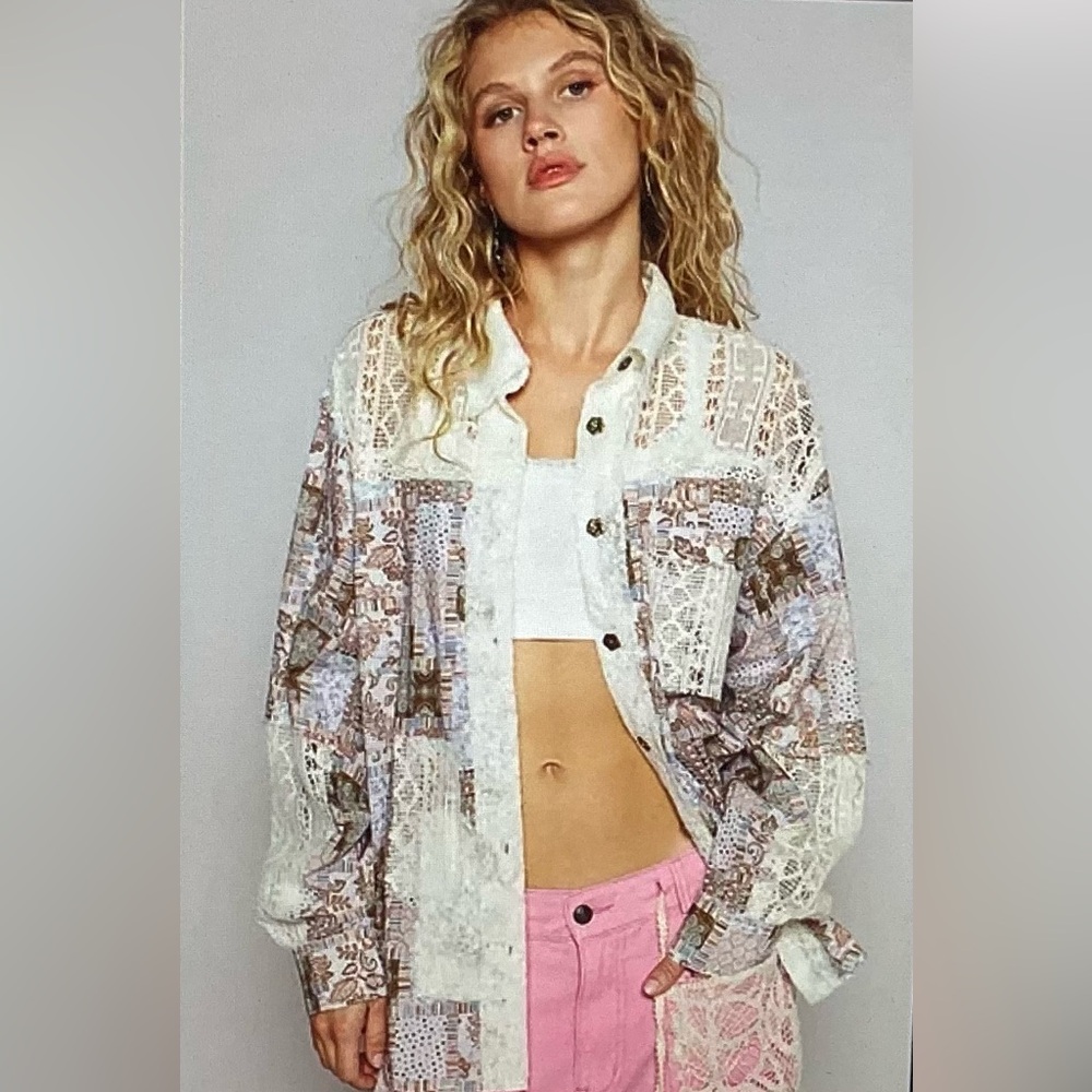 POL Patchwork Lace Button-Up Top